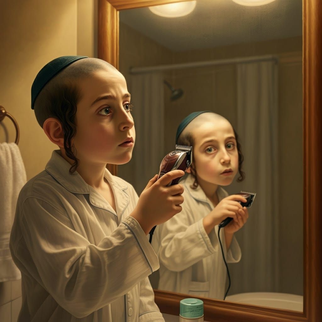 Young Hasidic Boy Contemplates Shaving His Side Locks in Bat...
