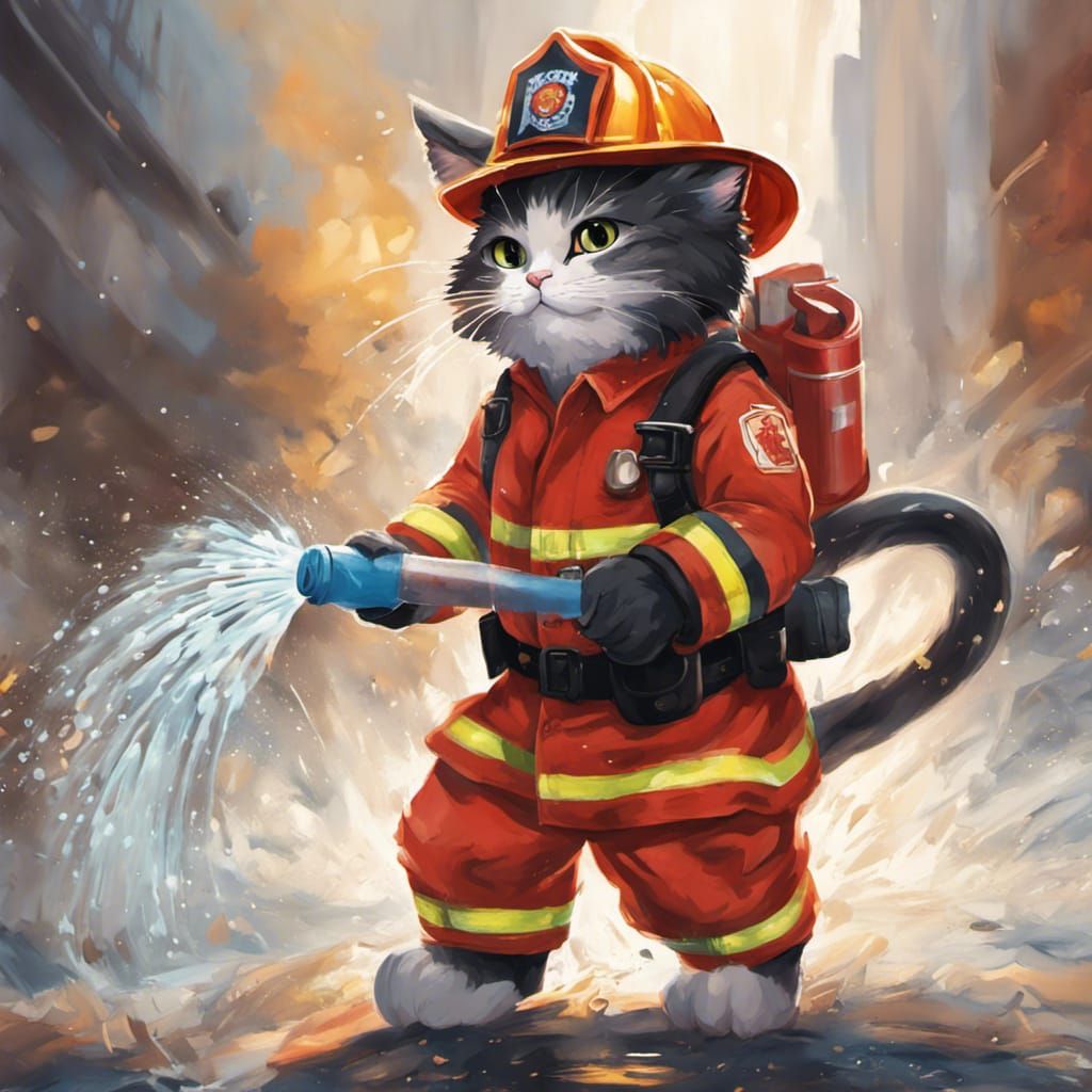 Firefighter Cat in Anime Style