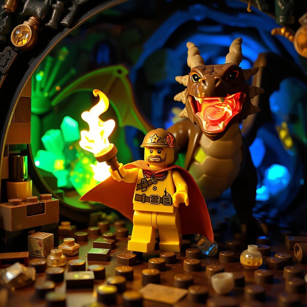 LEGO Dark Fantasy Scene: Yellow Wizard Battles Dragon in Cry...