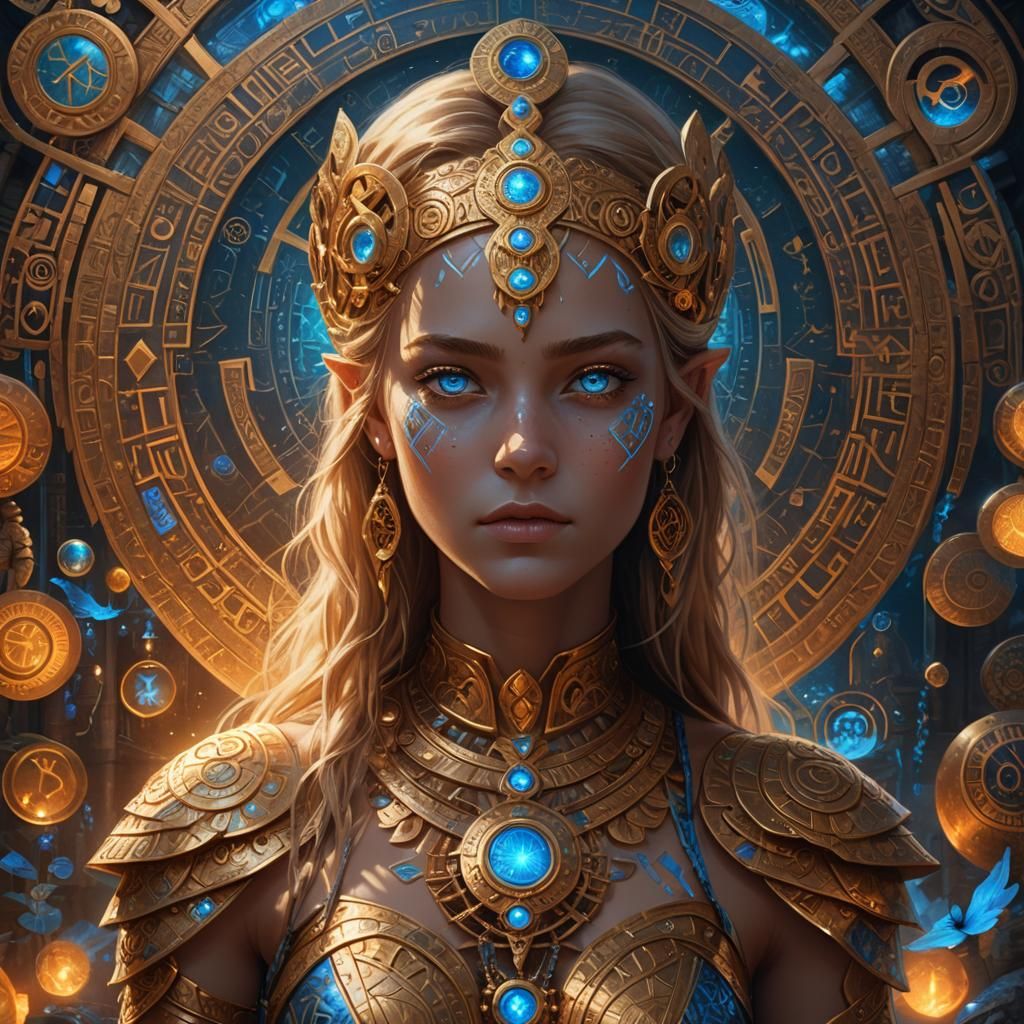 Golden Humanoid Female Portrait with Mystic Symbols