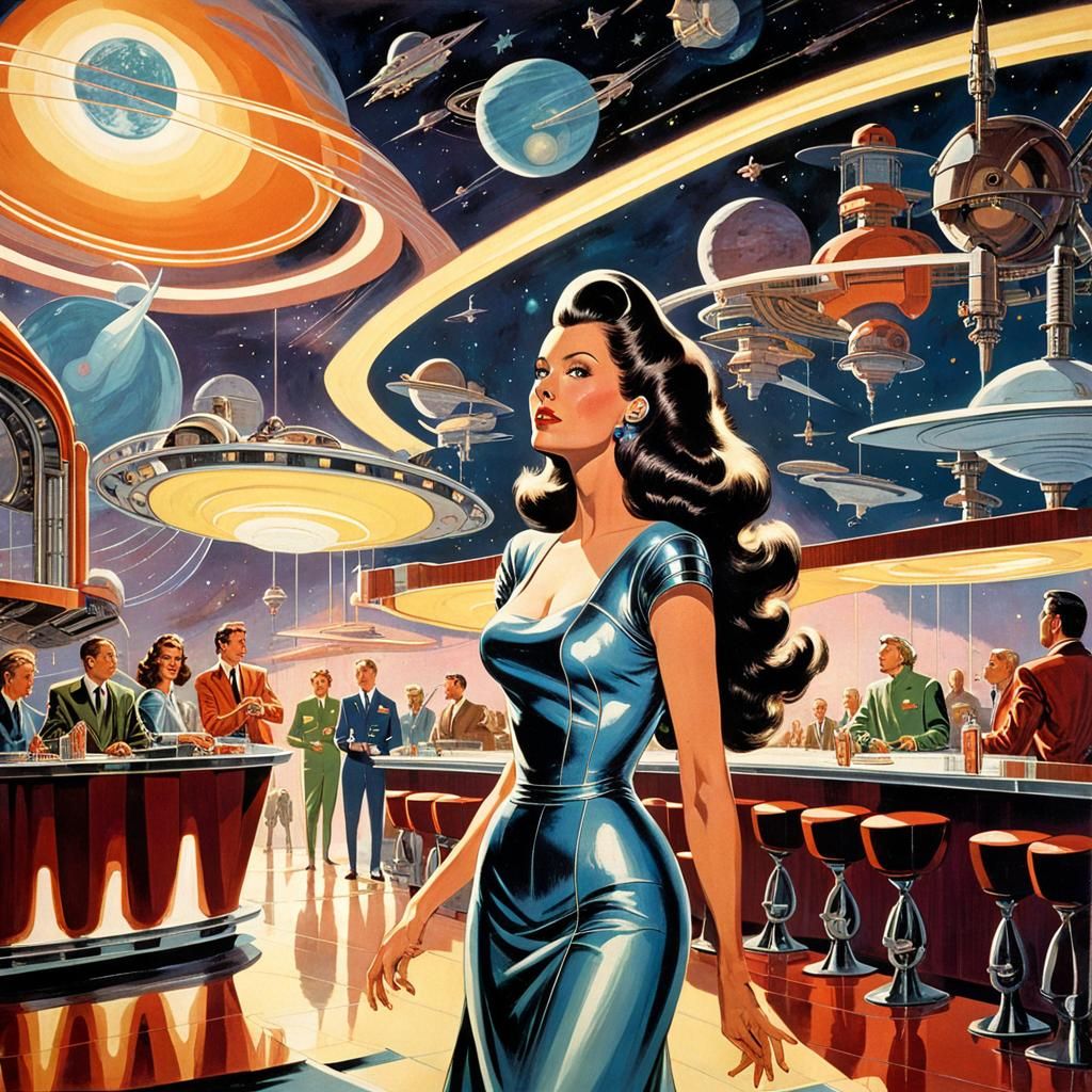 Retrofuturistic Singer in a Cosmic Bar