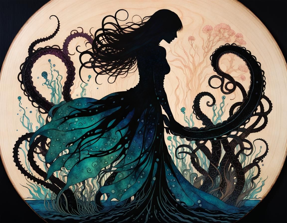 Sinister Underwater Tentacle Blossom in Pyrography Style