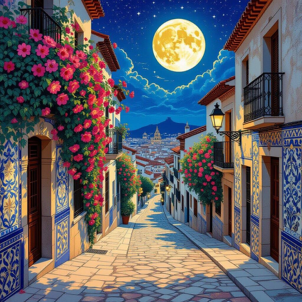 Moonlit Barcelona in Art Nouveau Style