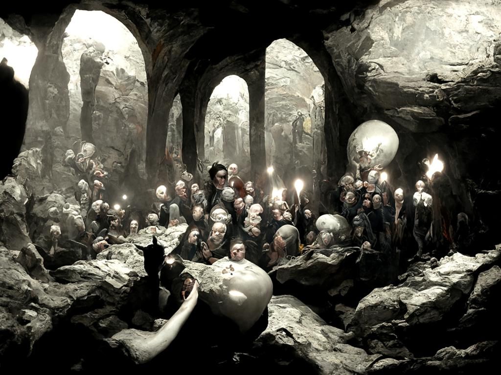 The angry mob deep in the underground catacombs with torches lighting the way