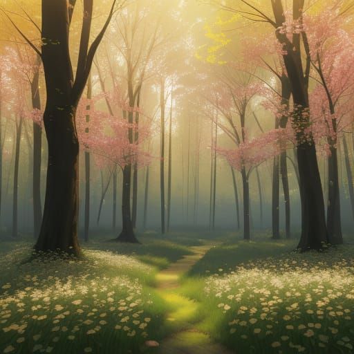 Serene Spring Forest in Vibrant Oil Painting Style