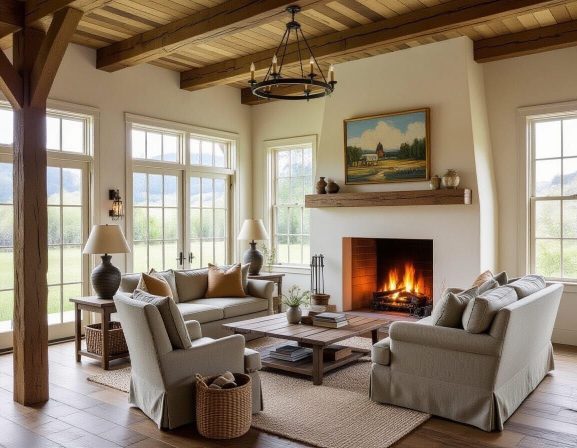 Cozy Farmhouse Interior with Stone Fireplace