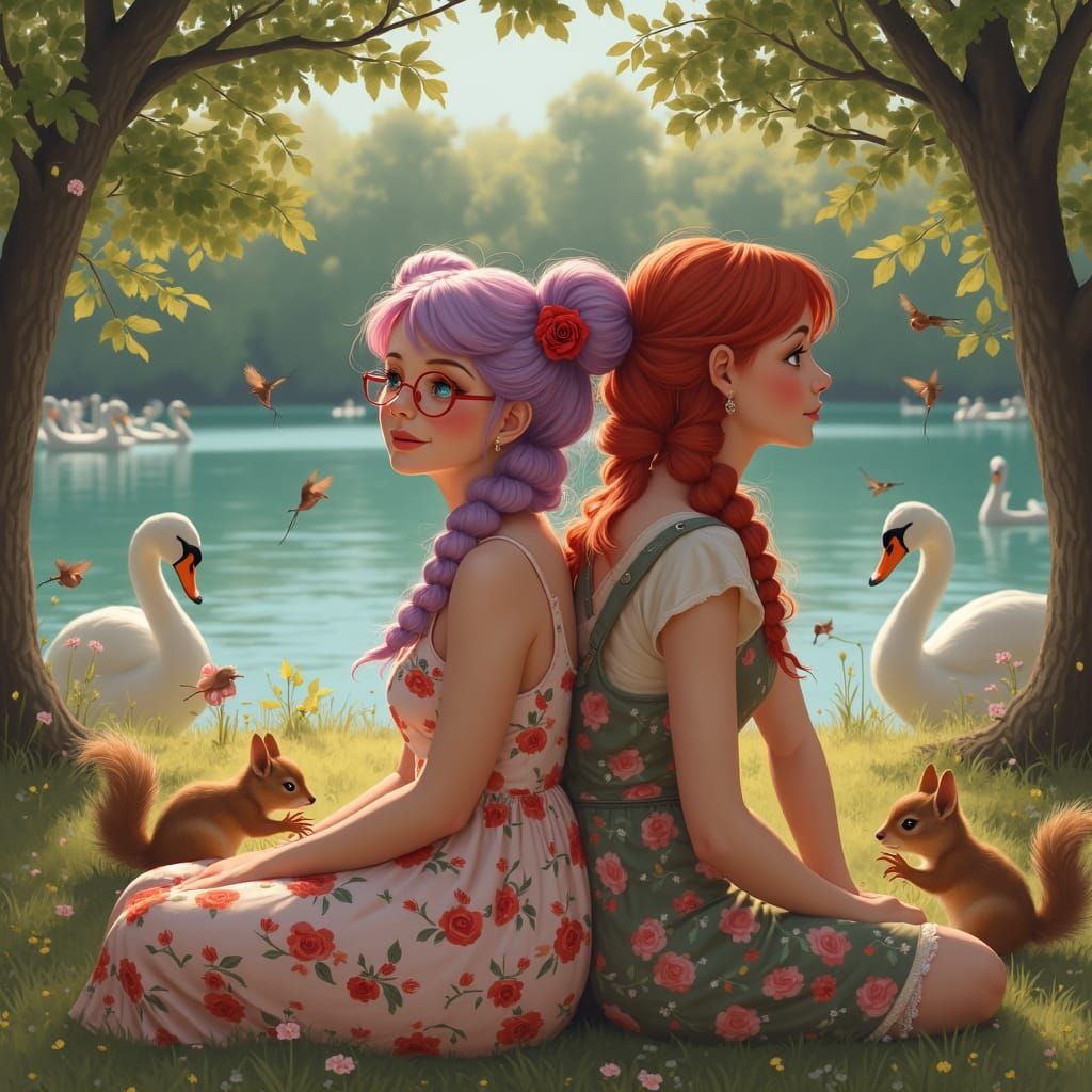 Photorealistic Women's Lakeside Picnic in Soft Light