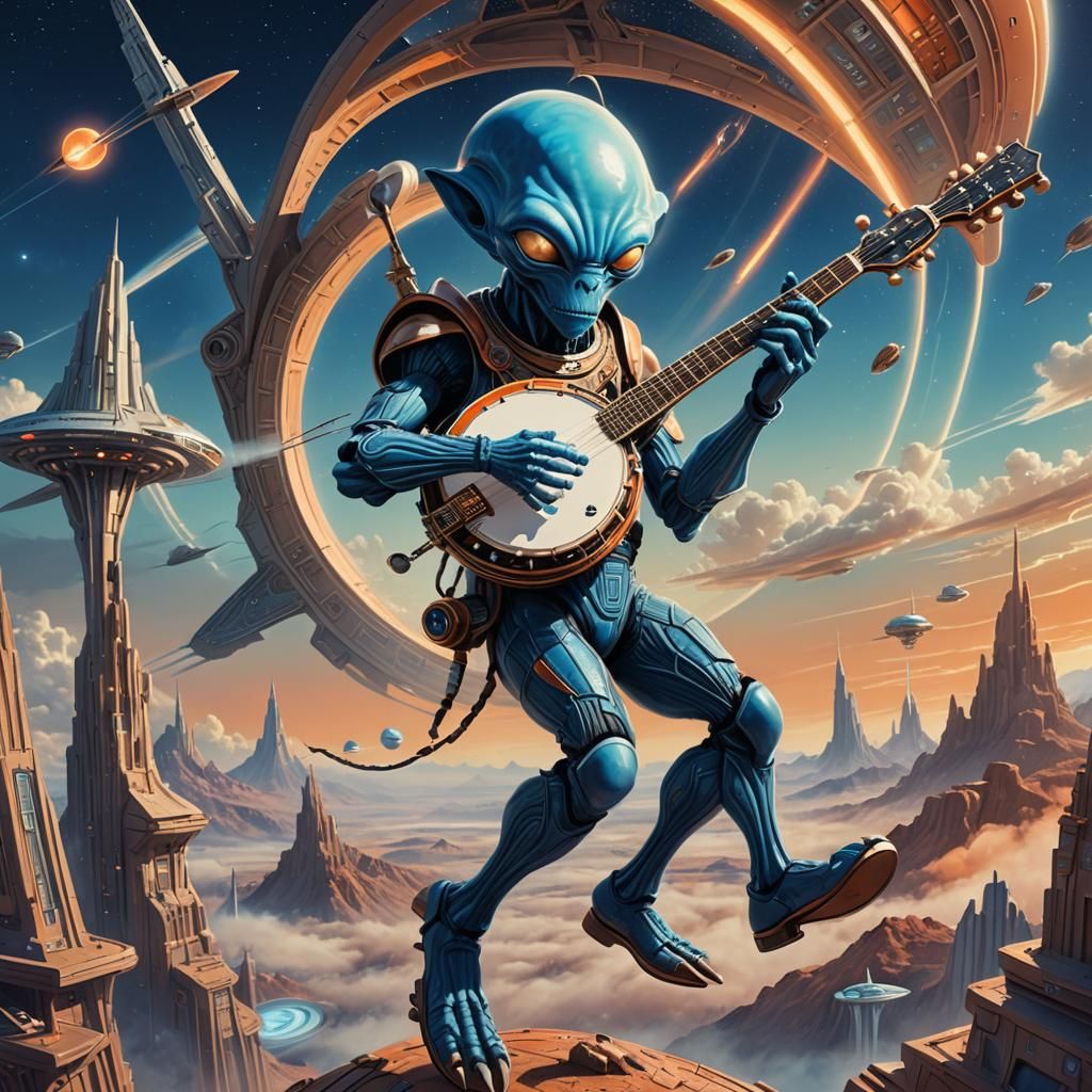 Blue Alien Plays Banjo in Art Deco Spaceship