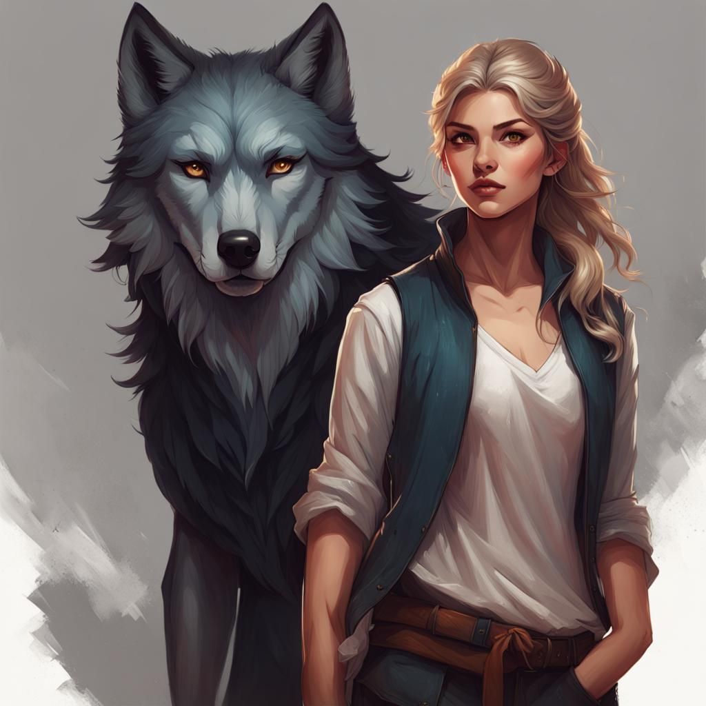 Woman and Wolf Painting in Bowater Style