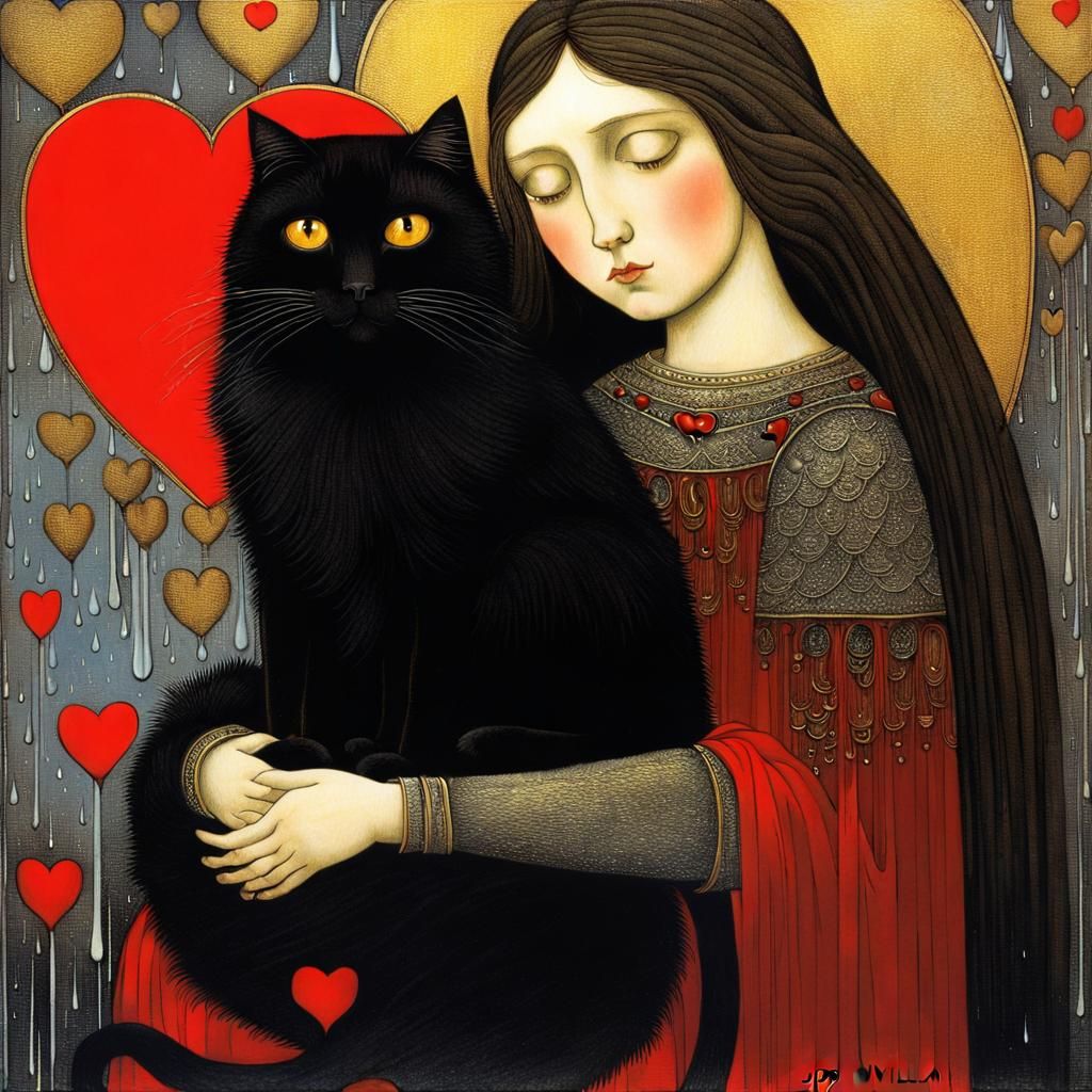 Angel and Cat with Hearts in Detailed Style