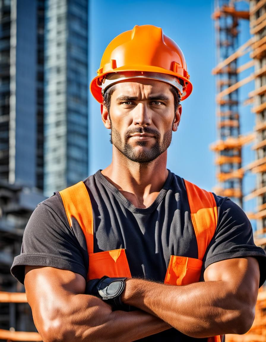 Muscular Construction Worker Portrait in Urban Area