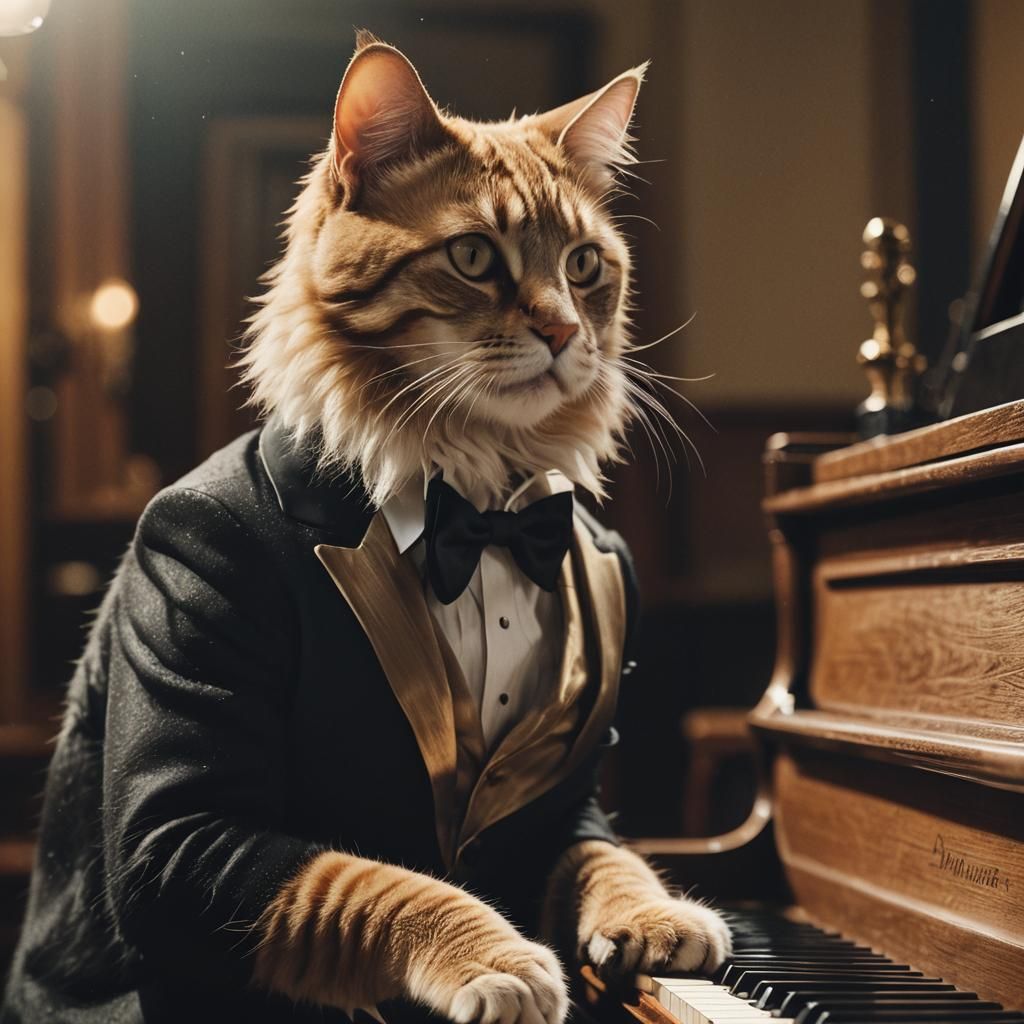 Cat in Tuxedo Plays Piano: Cinematic Still