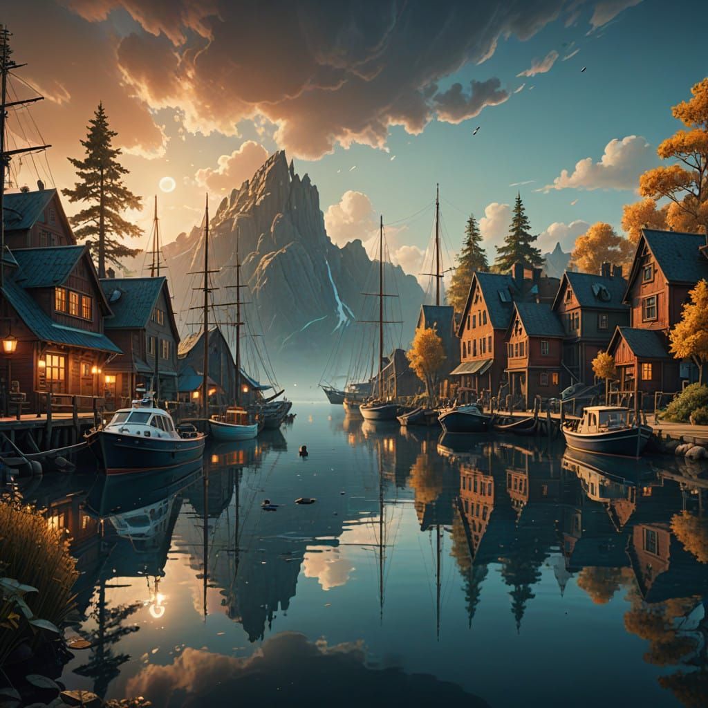 Man by Lamplight Overlooking Serene Marina at Midnight