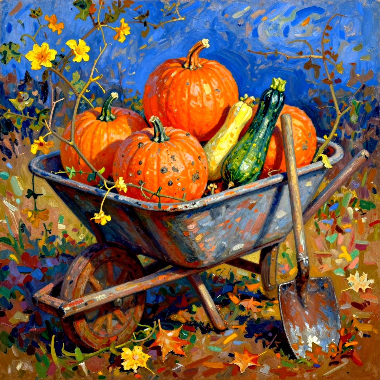 Autumn Harvest Still Life with Wheelbarrow