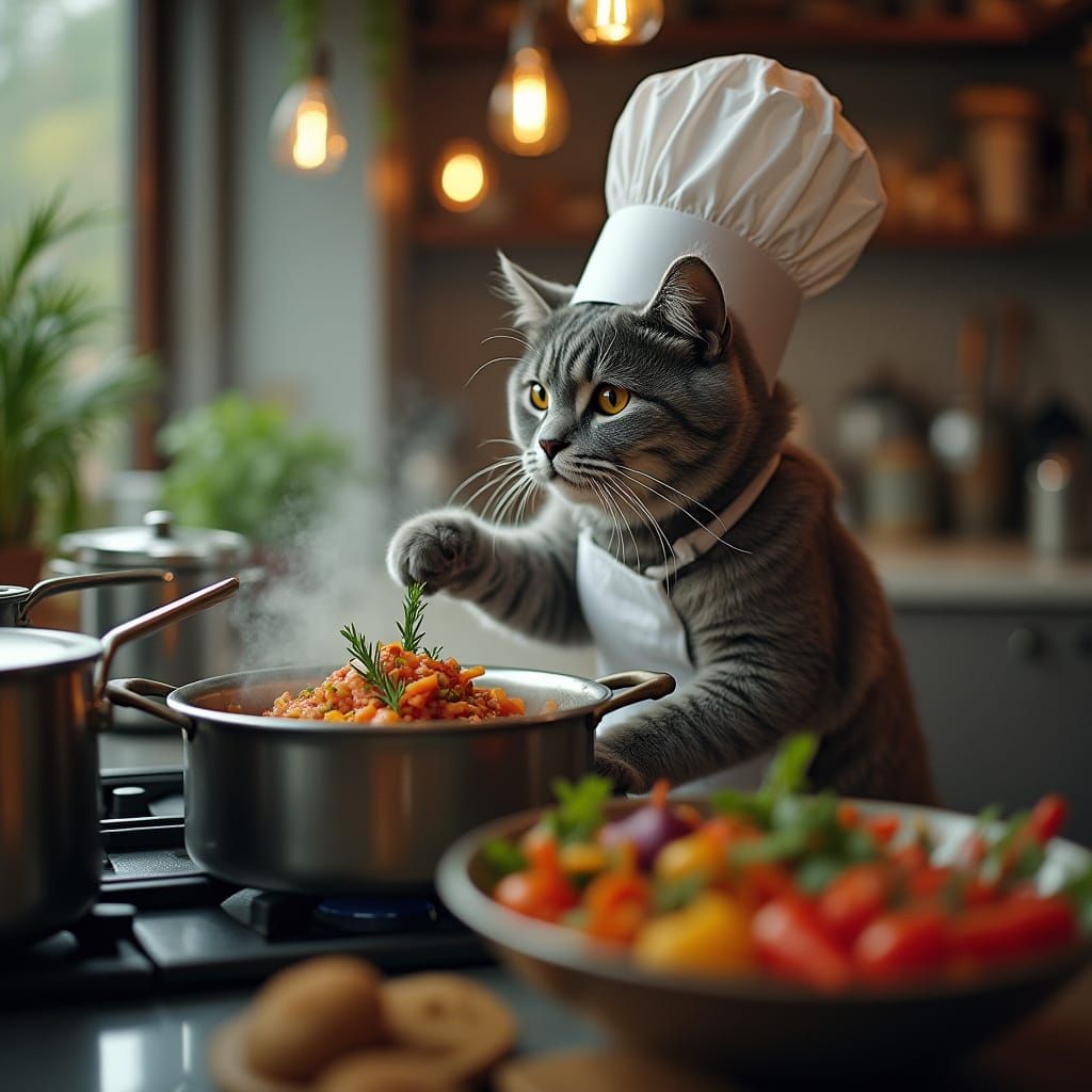 Surreal Cat Chef in a Bustling Gourmet Kitchen