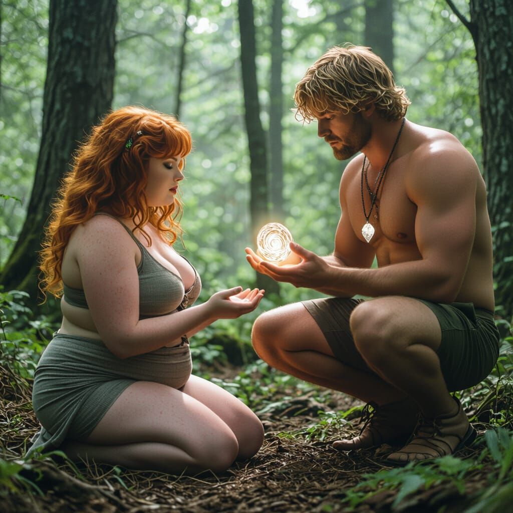 Redhead Hypnotized by Crystal Pendant in Forest