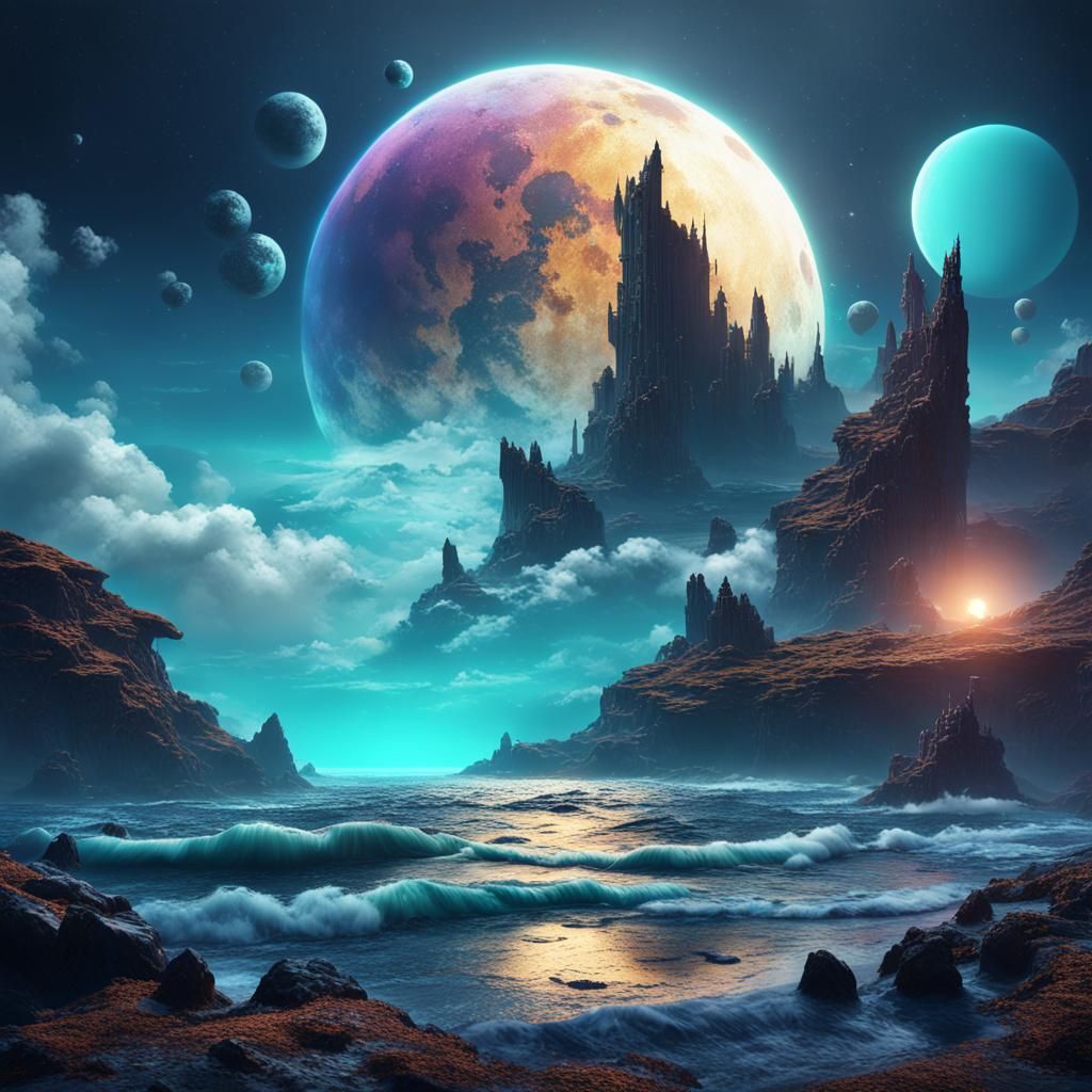 Iridescent Sea on Alien Moon: Fantasy Concept Art