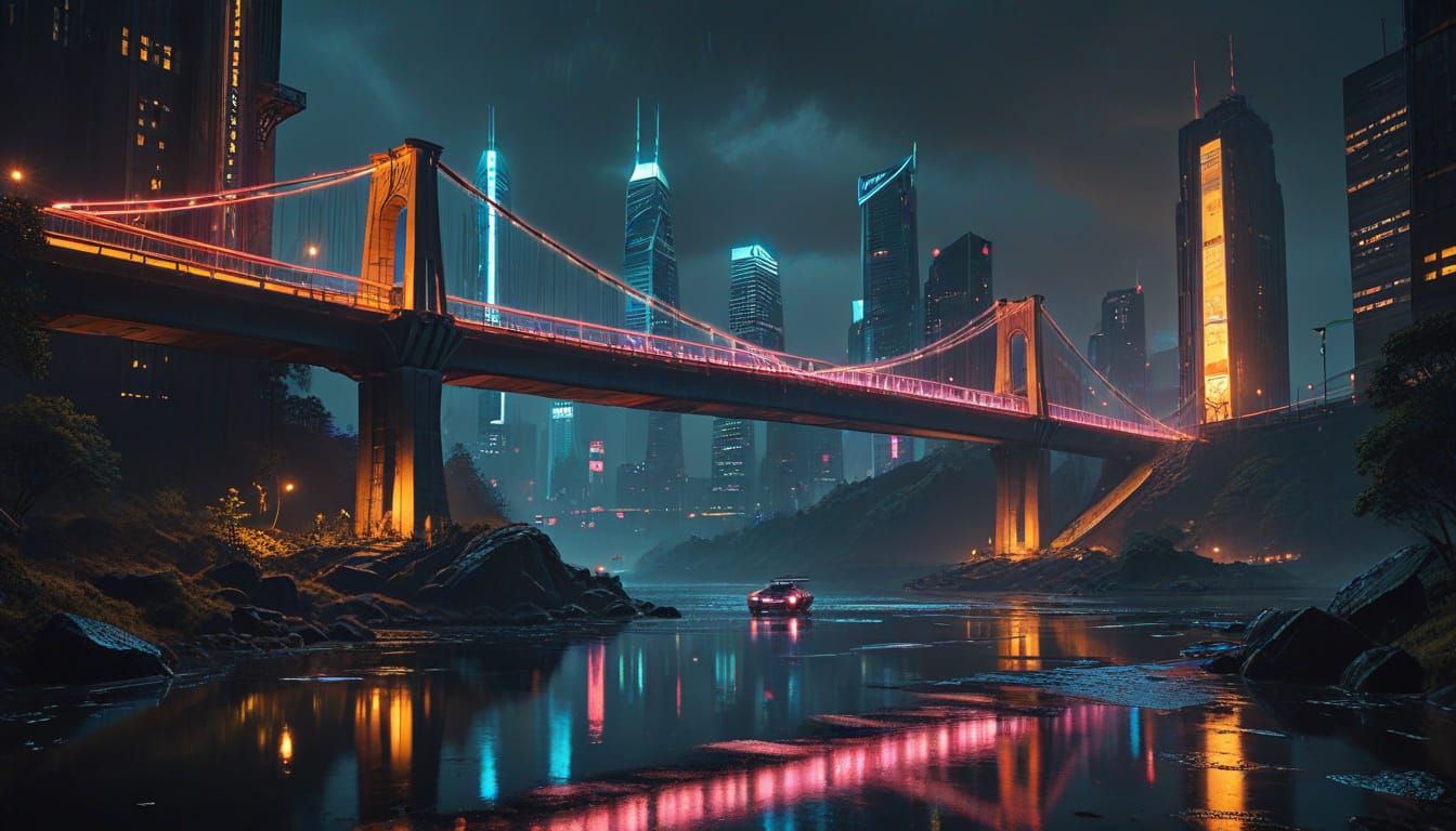 Futuristic Neon Suspension Bridge in Cyberpunk Style