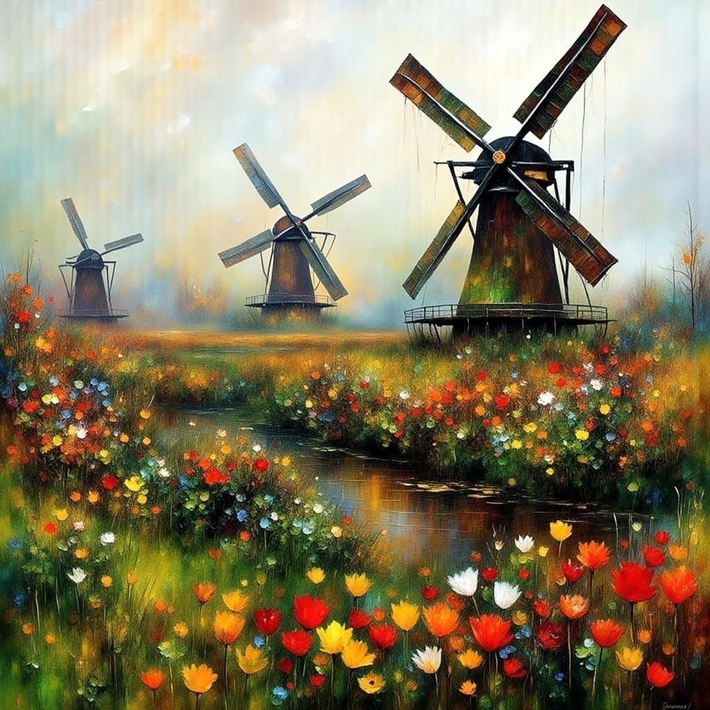 Quintessential Dutch Landscape with Windmills and Tulips
