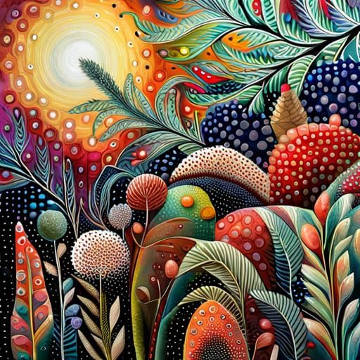 Fantasy Garden Mixed Media Painting with Abstract Patterns