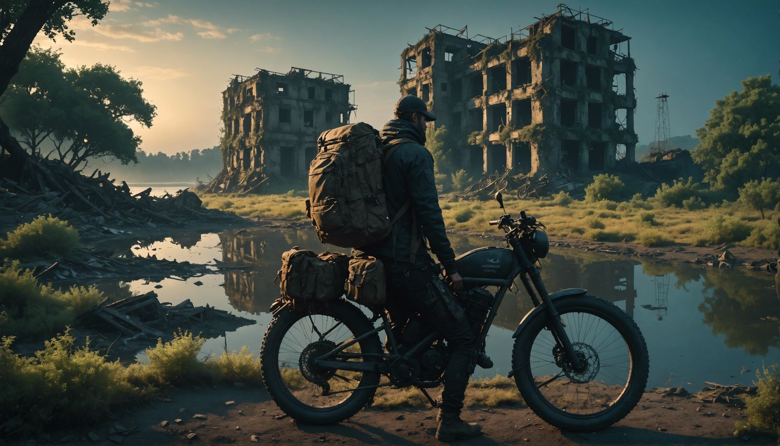 Post-Apocalyptic Traveler on DIY-Bike at Night