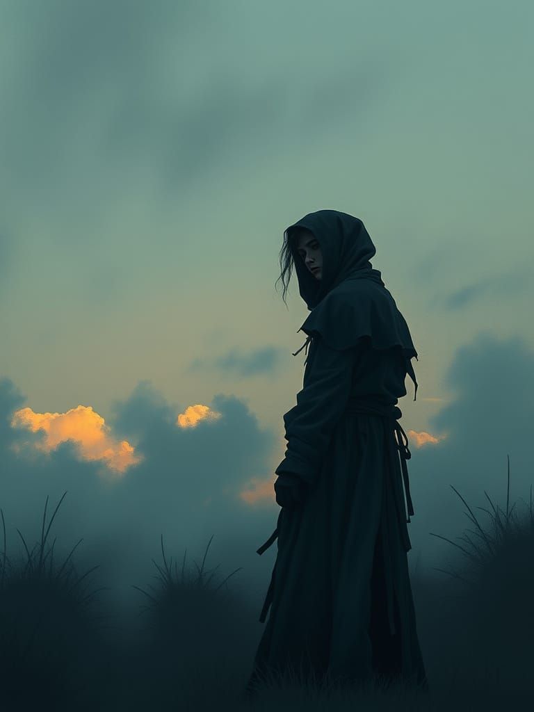 Melancholic Figure in Twilight: Cinematic Illustration