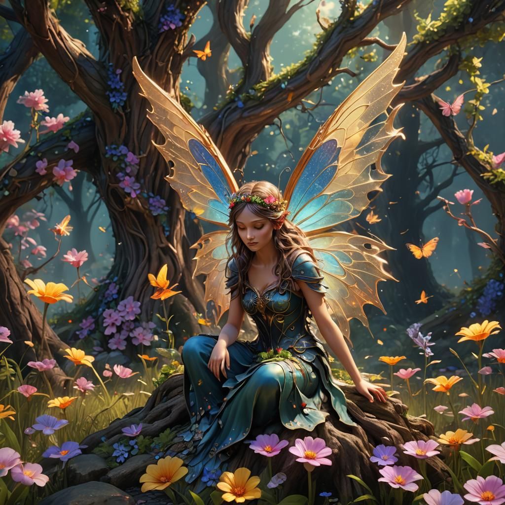Sad fairy at the base of a beautiful detailed tree surrounde...