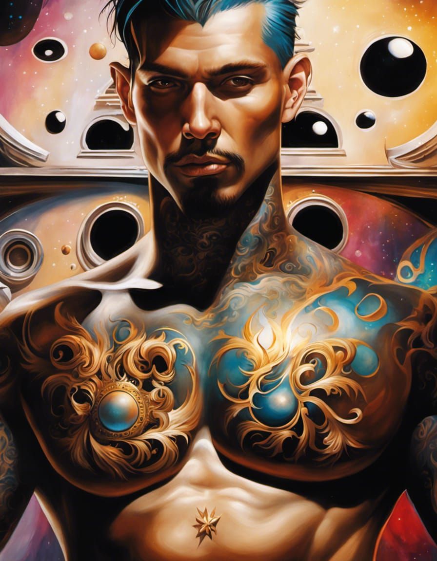 King with Tattoos: Surreal Oil Painting with Cosmic Elements