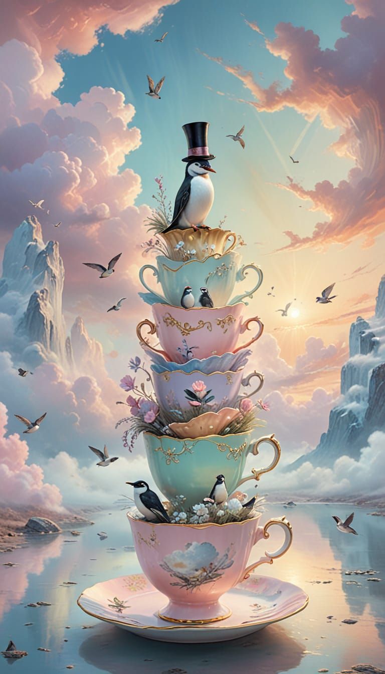 Dreamlike Landscape With Floating Teacups and Penguin Tea Pa...