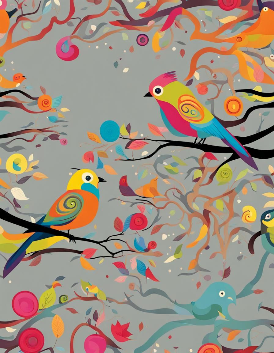 Colorful Birds in Flowing Tree