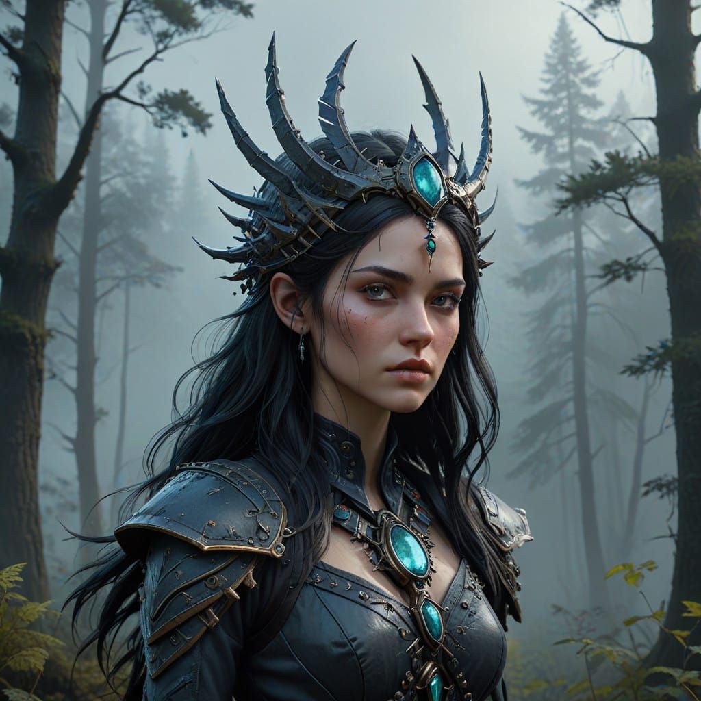 Surreal Dark Fantasy Figure in Mysterious Forest Landscape