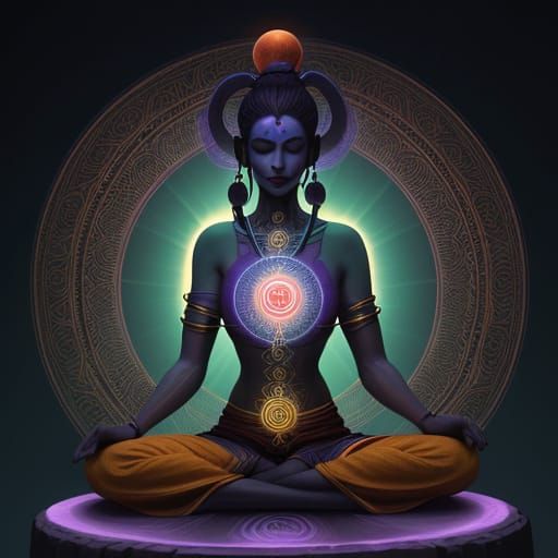 Vibrant Chakra Energy Orbs Surround a Serene Figure in a Lot...