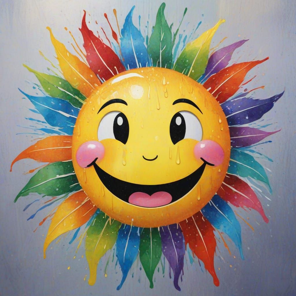Gouache Masterpiece of Smiling Sun in Rainy Day