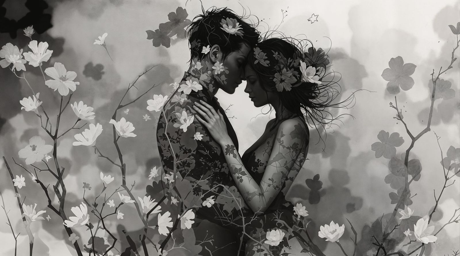 Ethereal Gray Scale Couple's Embrace in a Dreamlike Setting