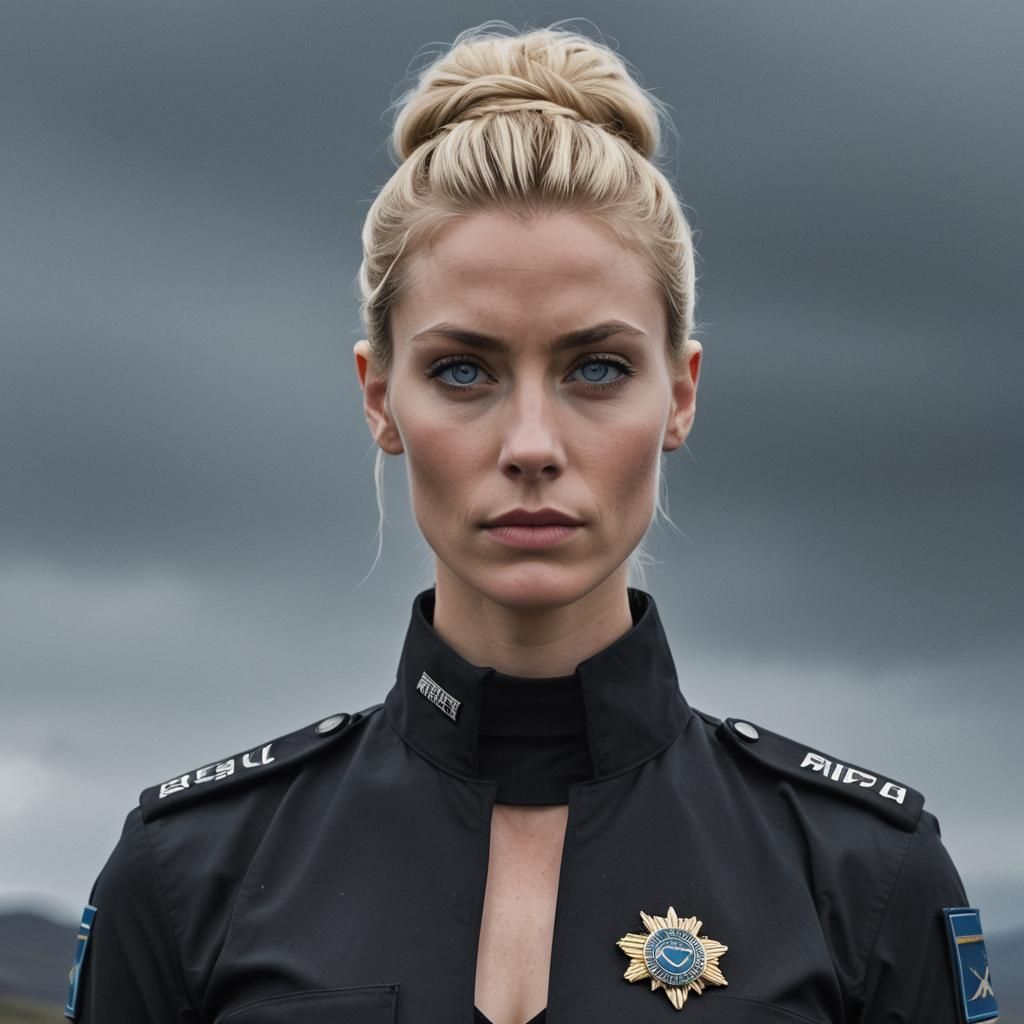 Icelandic Woman in Cyberpunk Cityscape, Hyperrealistic Portr...