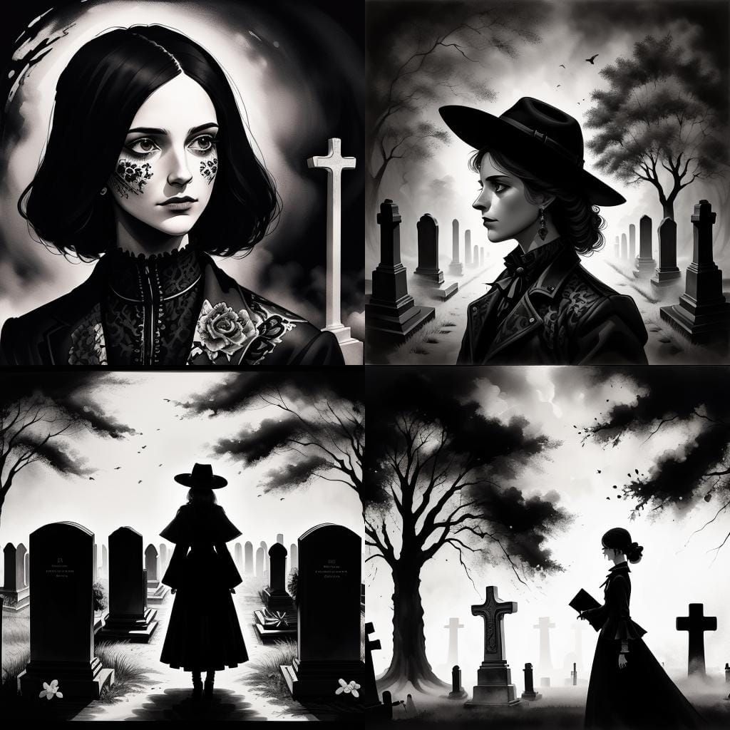 Lonely Woman Silhouette in Ink Painting