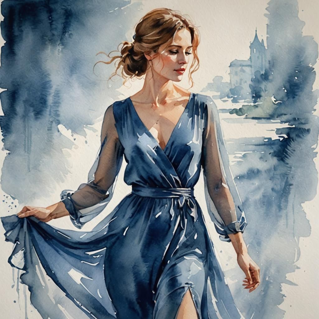 Woman in Blue Dress: Watercolor Painting