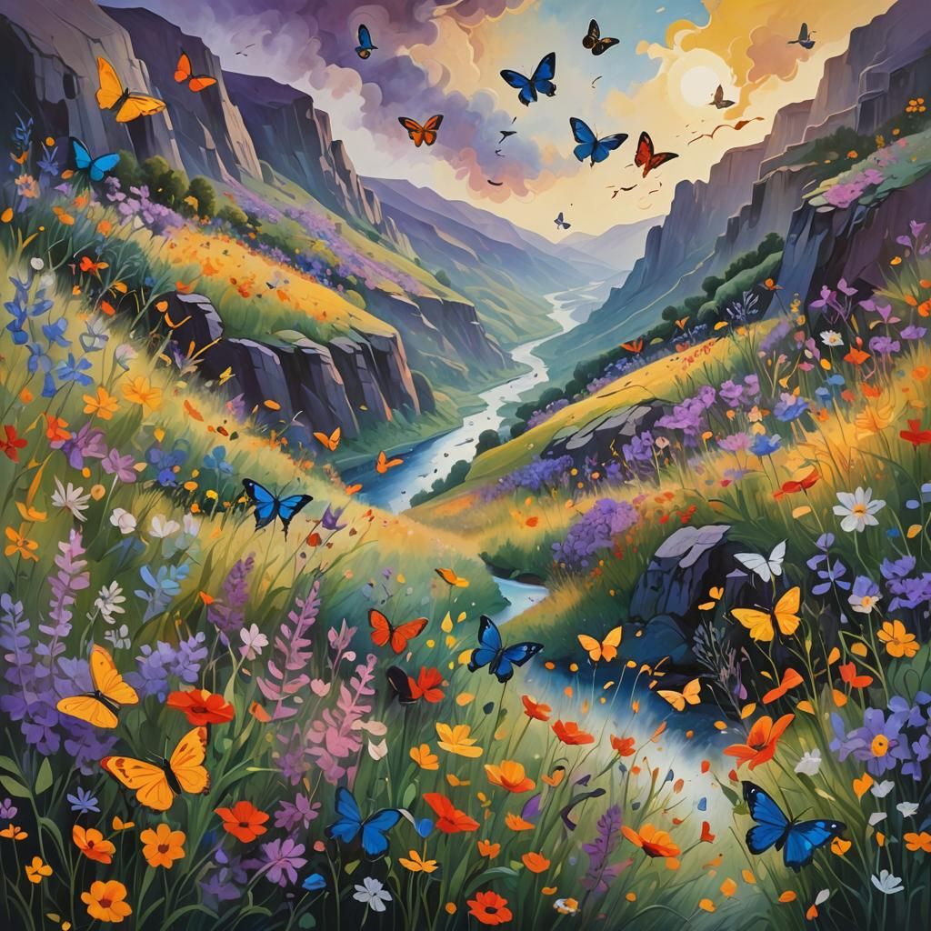 Expressionist Landscape with Birds, Butterflies, and Wildflo...