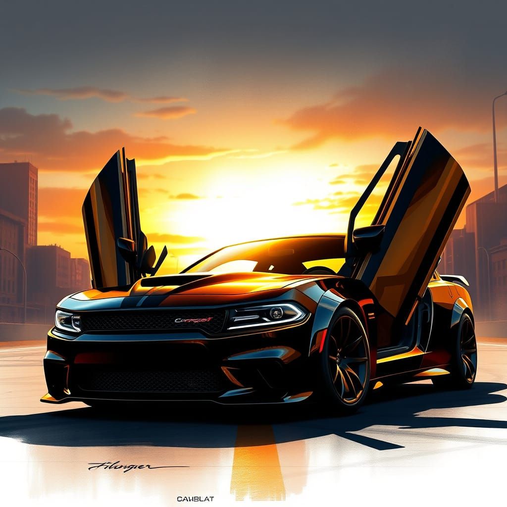 Dodge Lamborghini Hypercar Fusion in Futuristic Cityscape