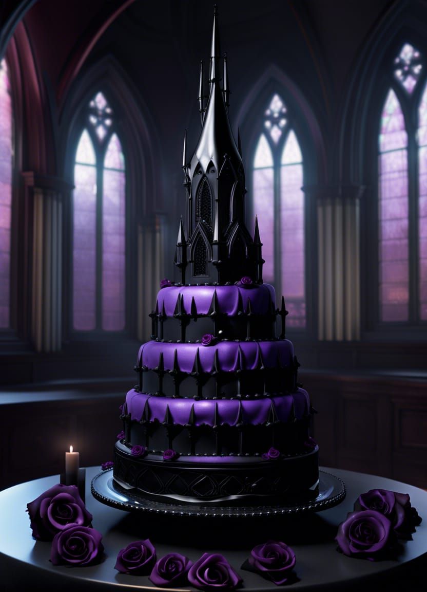Gothic Bride's Church Cake with Purple Roses
