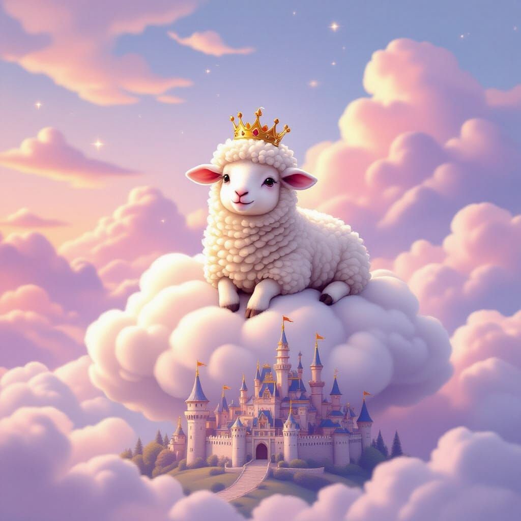 Fluffy Sheep with Crown on Cloud Over Fantastical Kingdom