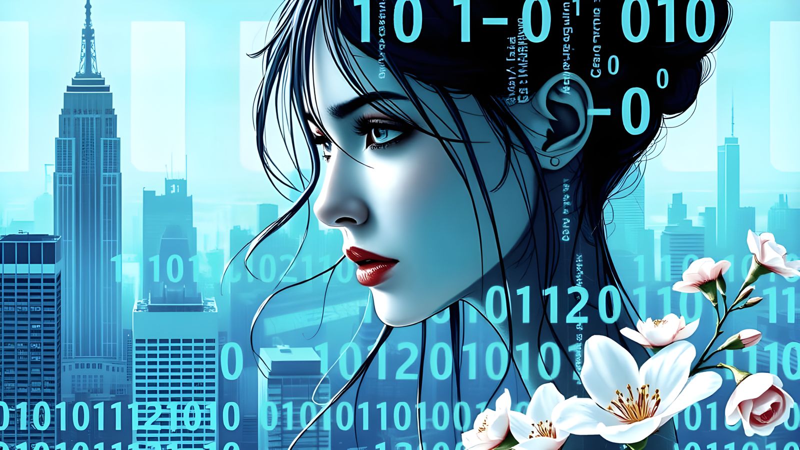 Ethereal Digital Cityscape with Flowing Code