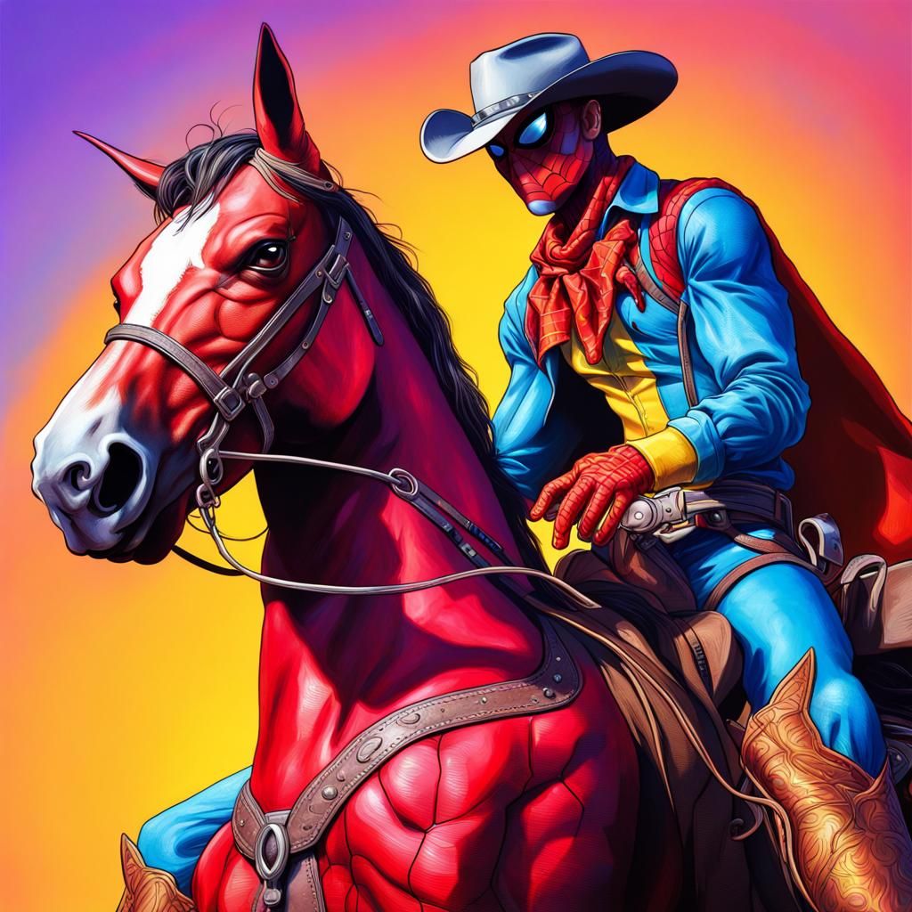Cowboy Spider-Man on Horseback: Hyperrealistic Splash Art