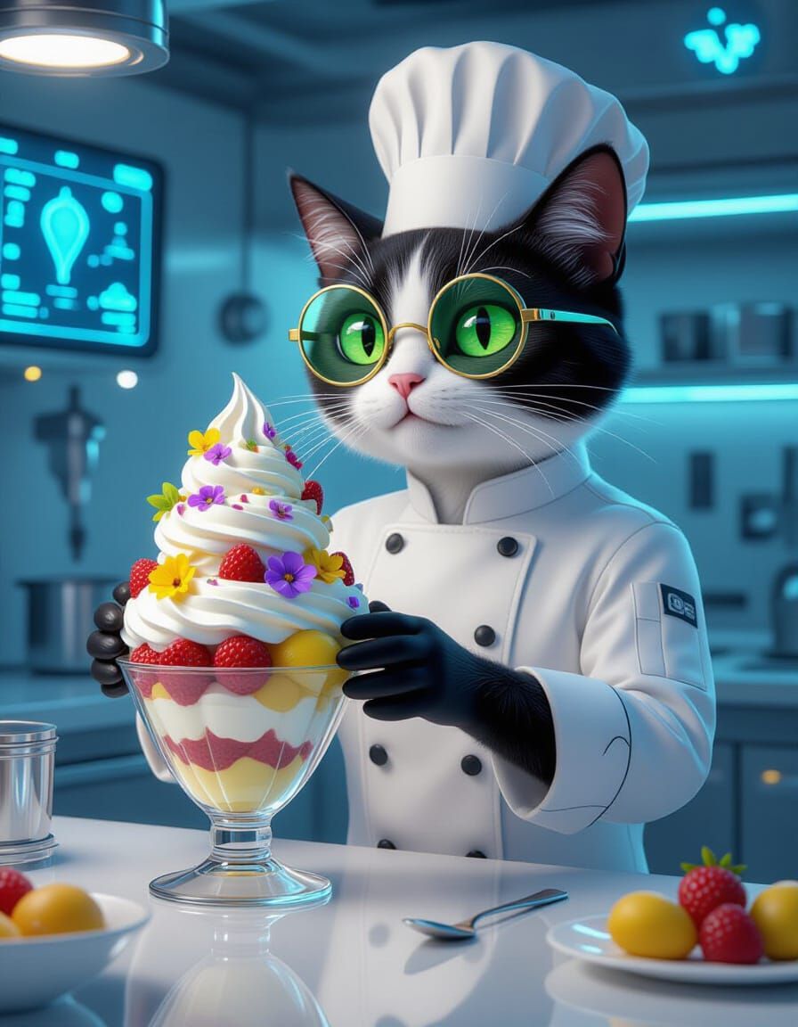 Futuristic Cat Chef Creates Ice Cream Masterpiece