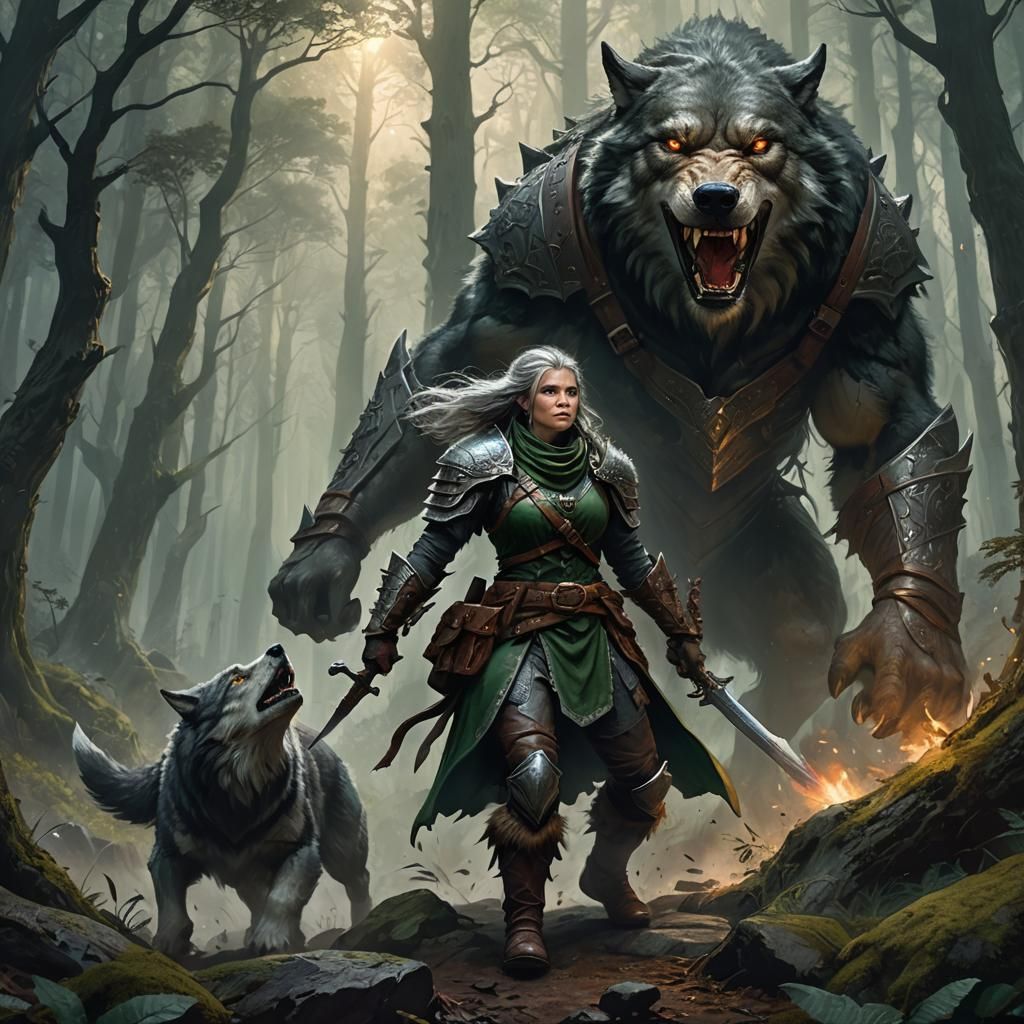 Dwarf Ranger Battles Wolf in Dark Fantasy Forest