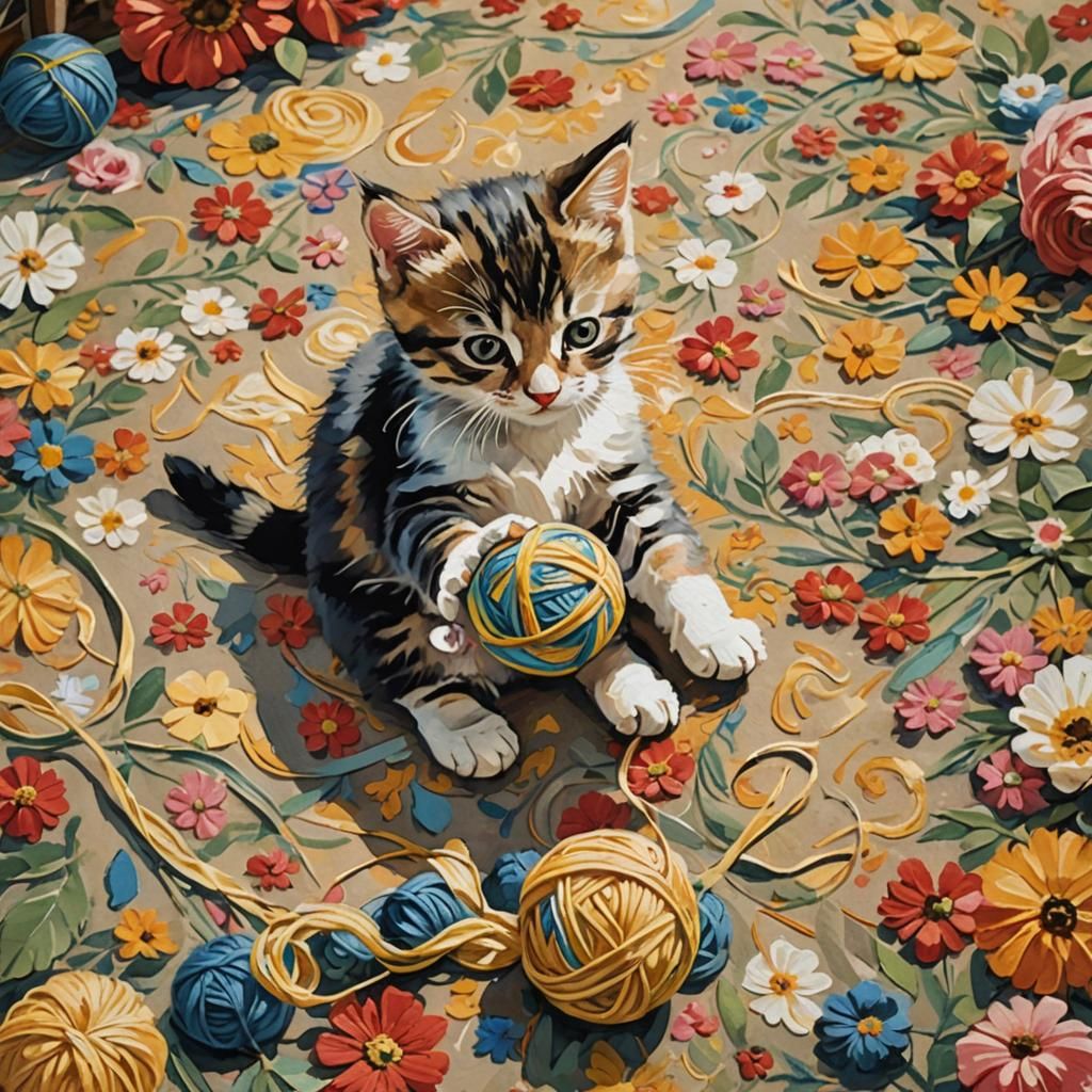 Kitten with Yarn in Impressionist Gouache Style
