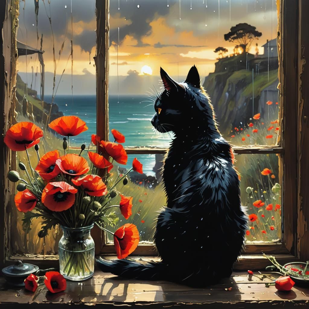Black Cat Gazing at Beach: Impasto Oil Painting