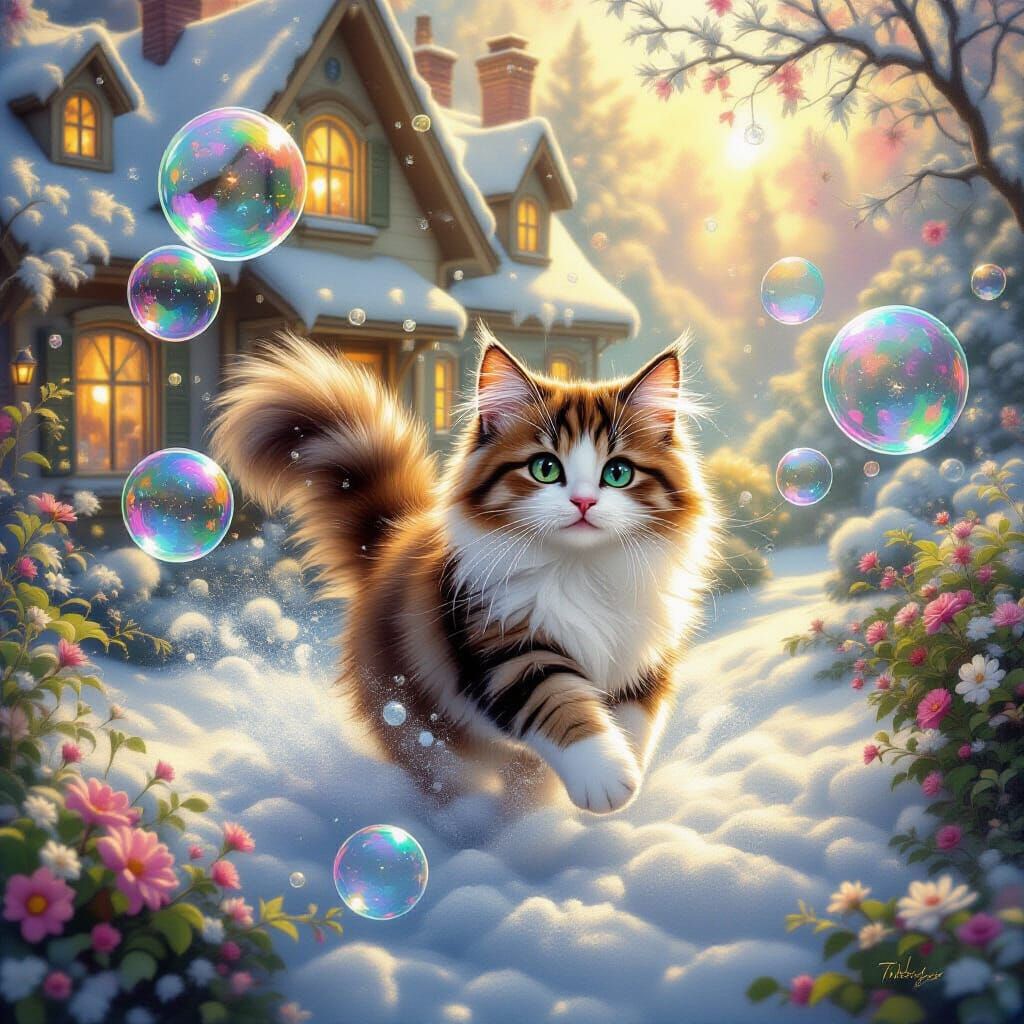 Whimsical Cat in Dreamy Bubble House