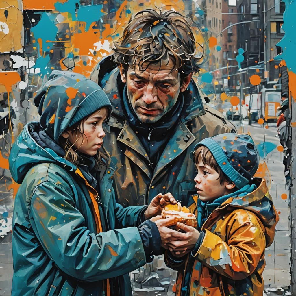 Compassion: Child Offers Sandwich in Abstract Expressionism