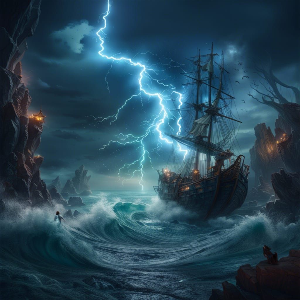 Mermaids in Roaring Sea with Lightning